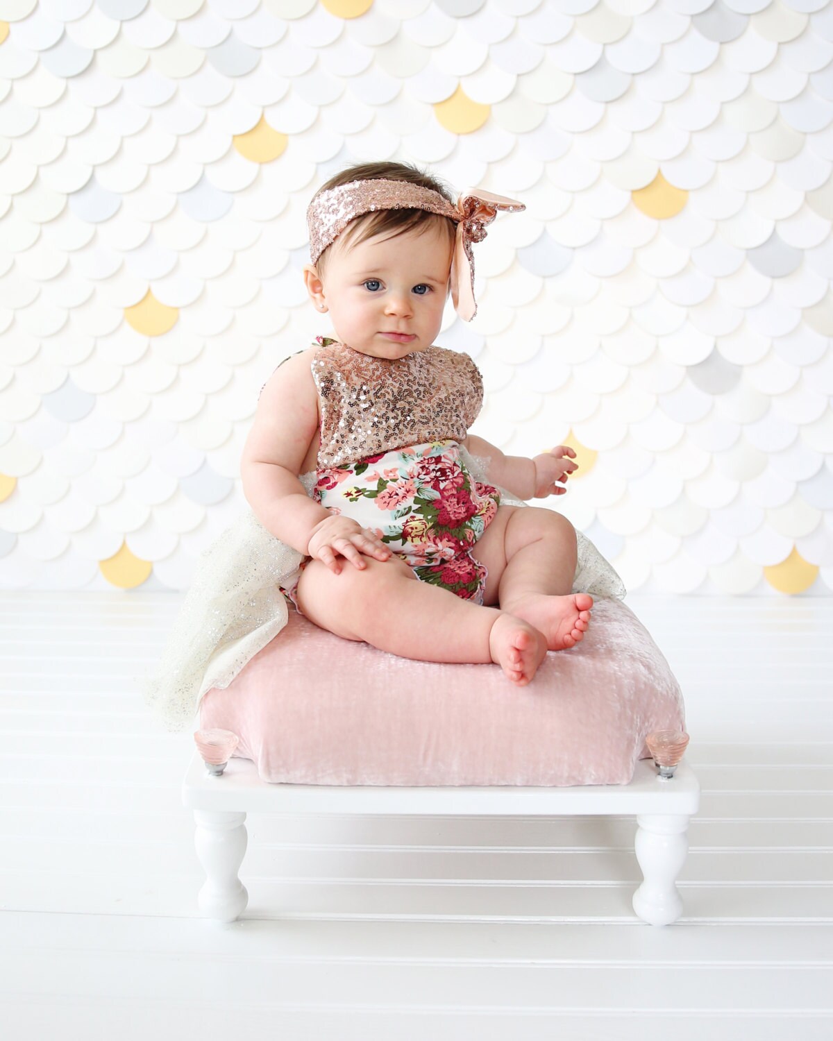 Romper - Tulle skirted, Skirted, Sequin Top Romper - Sequin Romper - Birthday Romper - Photoshoot - Rose Gold and Ivory Flower Romper