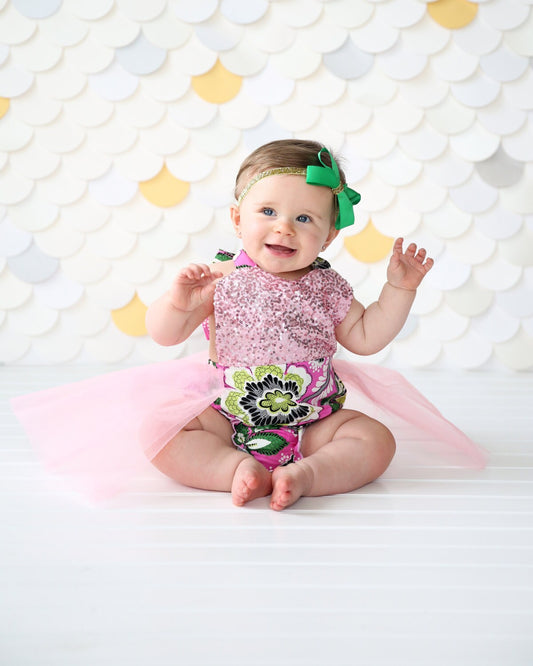 Romper - Tulle skirted, Skirted, Sequin Top Romper - Sequin Romper - Birthday Romper - Photoshoot - Pink and Green Sequin Flower Romper