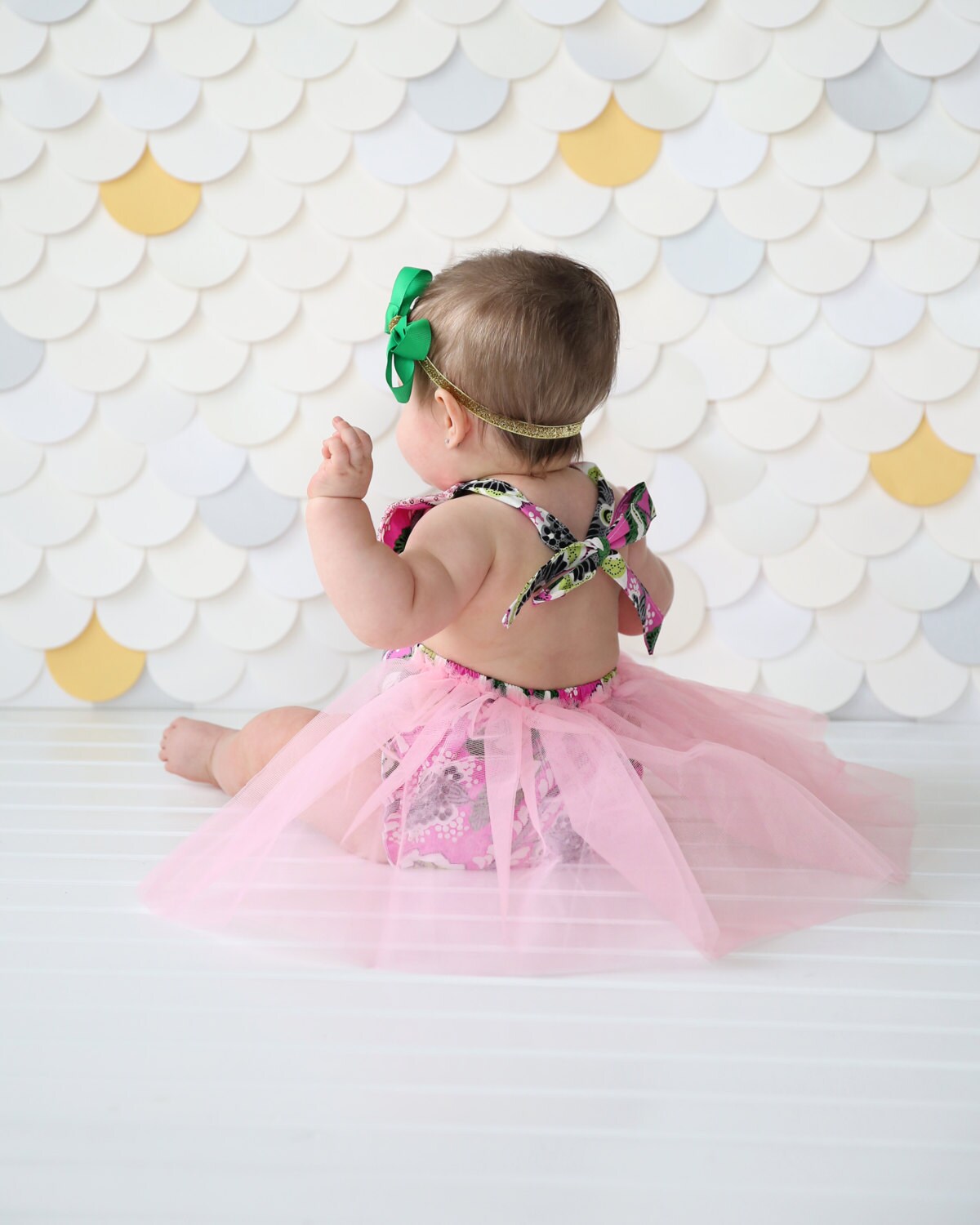 Romper - Tulle skirted, Skirted, Sequin Top Romper - Sequin Romper - Birthday Romper - Photoshoot - Pink and Green Sequin Flower Romper