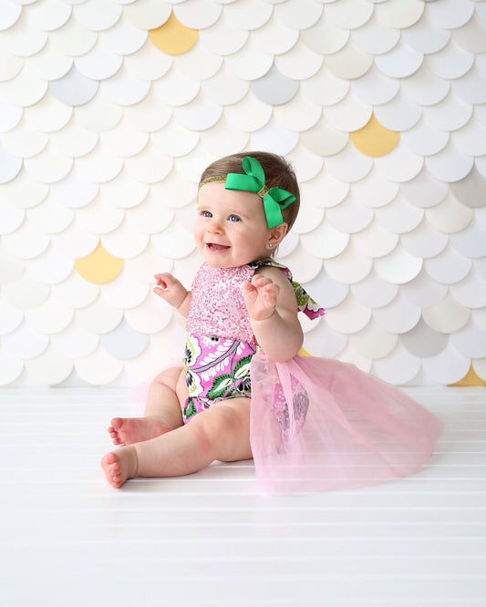 Romper - Tulle skirted, Skirted, Sequin Top Romper - Sequin Romper - Birthday Romper - Photoshoot - Pink and Green Sequin Flower Romper