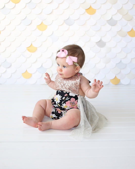 Romper - Tulle skirted, Skirted, Sequin Top Romper - Sequin Romper - Birthday Romper - Photoshoot - Rose Gold and Black Flower Romper