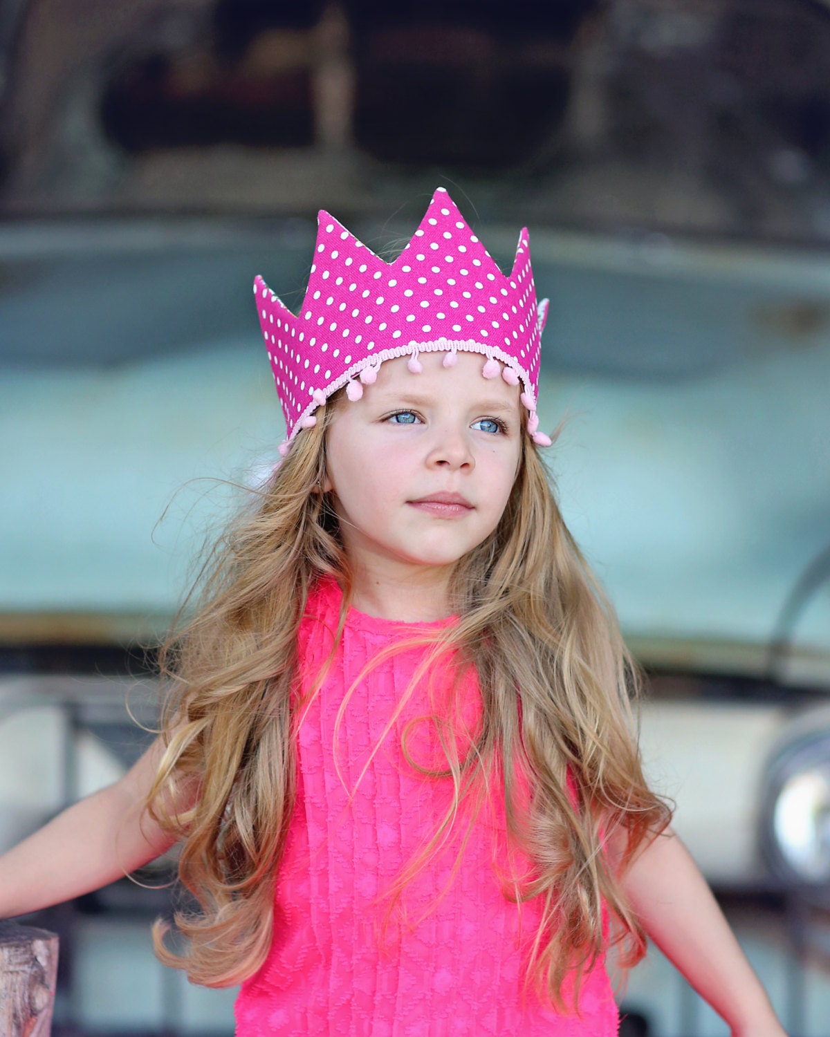 Dress Up Crown - Sequin Crown - Birthday Crown - Hot Pink and Purple Floral Pom Pom Crown Reverse Hot Pink Polka Dots - Fits all