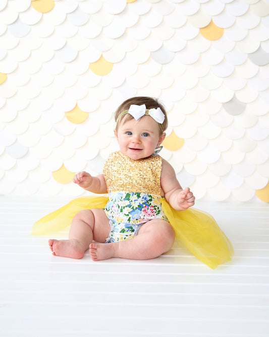 Romper - Tulle skirted, Skirted, Sequin Top Romper - Sequin Romper - Princess Romper - Birthday Romper - Photoshoot - Yellow Flower Romper