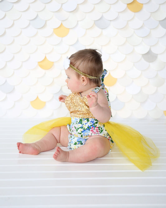 Romper - Tulle skirted, Skirted, Sequin Top Romper - Sequin Romper - Princess Romper - Birthday Romper - Photoshoot - Yellow Flower Romper