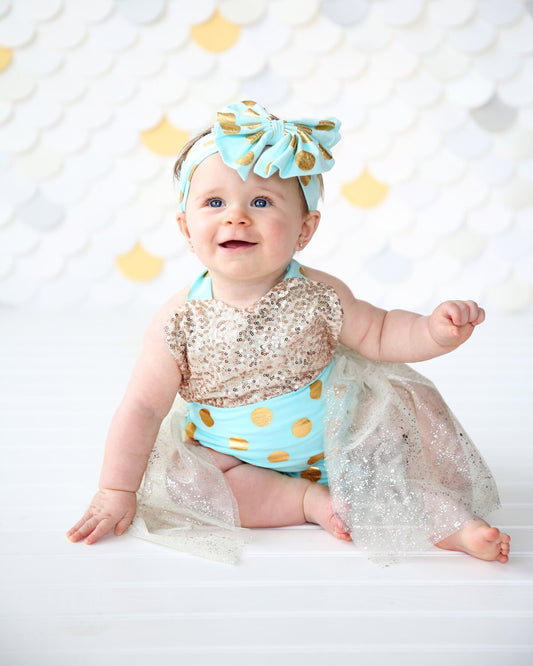 Romper - Tulle skirted, Skirted, Sequin Top Romper - Sequin Romper - Princess Romper - Birthday Romper - Photoshoot - Aqua and Gold Romper