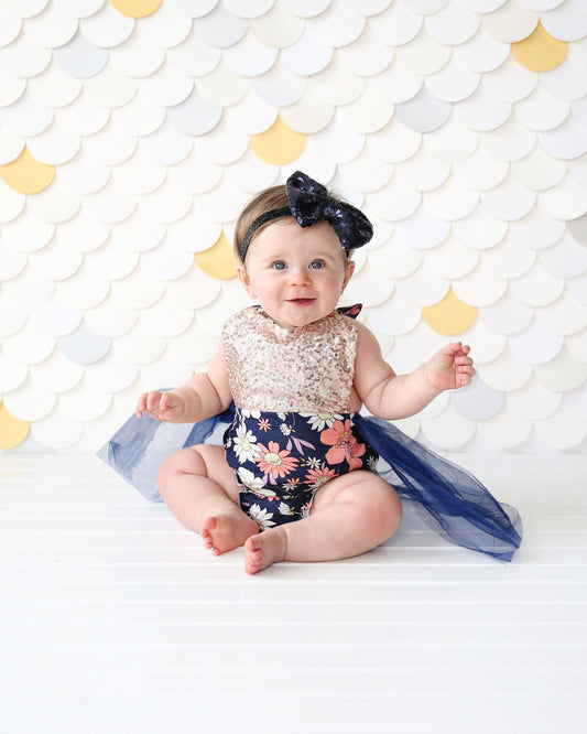 Romper - Tulle skirted, Skirted, Sequin Top Romper - Sequin Romper - Princess - Birthday Romper - Photoshoot - Navy and Rose Gold Romper