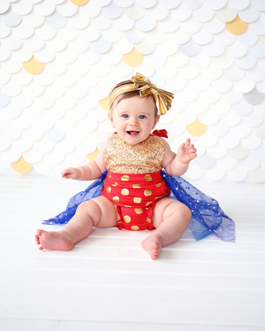 Romper - Tulle skirted, Skirted, Sequin Top Romper - Sequin Romper - Princess - Birthday Romper - Photoshoot - Red, Blue and Gold Romper
