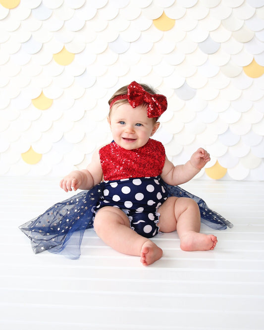 Romper - Tulle skirted, Skirted, Sequin Top Romper - Sequin Romper - Princess - Birthday Romper - Photoshoot - Red, White and Blue Romper