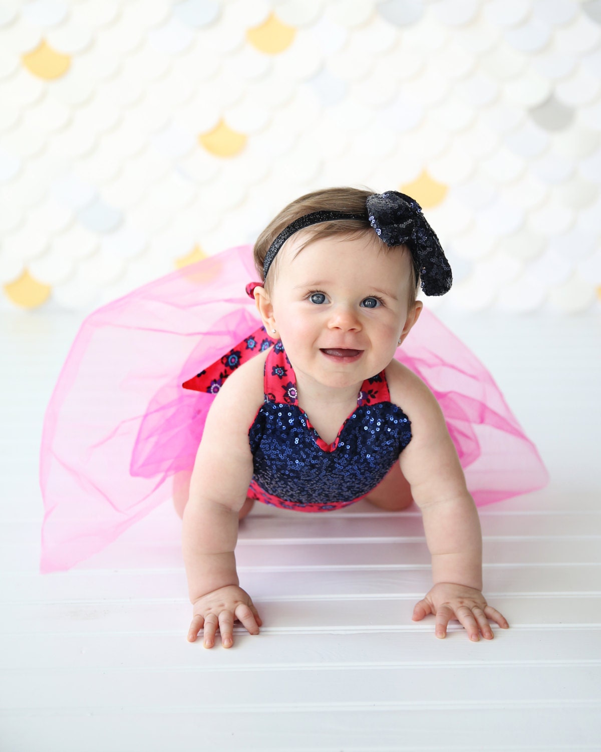 Romper - Tulle skirted, Skirted, Sequin Top Romper - Sequin Romper - Princess - Birthday Romper - Photoshoot - Hot Pink, Navy Flower Romper