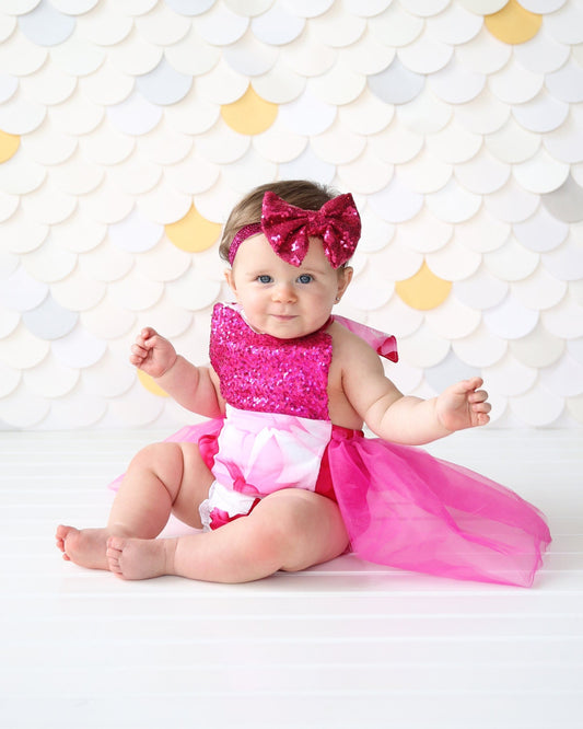 Romper - Tulle skirted, Skirted, Sequin Top Romper - Sequin Romper - Princess - Birthday Romper - Photoshoot - Hot Pink Sequin Flower Romper