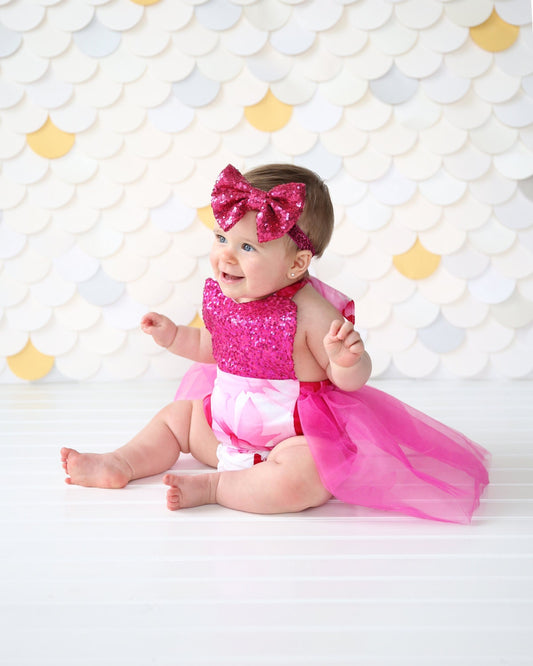 Romper - Tulle skirted, Skirted, Sequin Top Romper - Sequin Romper - Princess - Birthday Romper - Photoshoot - Hot Pink Sequin Flower Romper