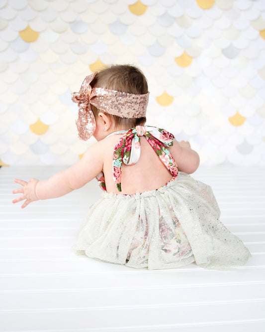 Romper - Tulle skirted, Skirted, Sequin Top Romper - Sequin Romper - Birthday Romper - Photoshoot - Rose Gold and Ivory Flower Romper