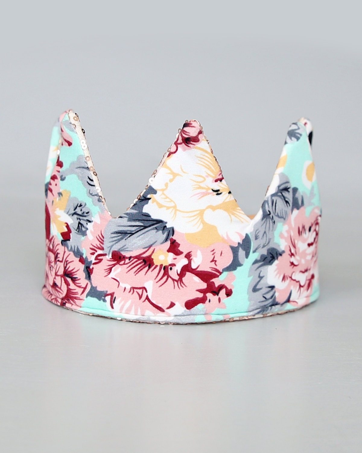 Dress Up Crown - Floral Crown - Sequin Crown - Birthday Crown - Rose Gold Sequin Crown Reverse Aqua and Roses - Fits all