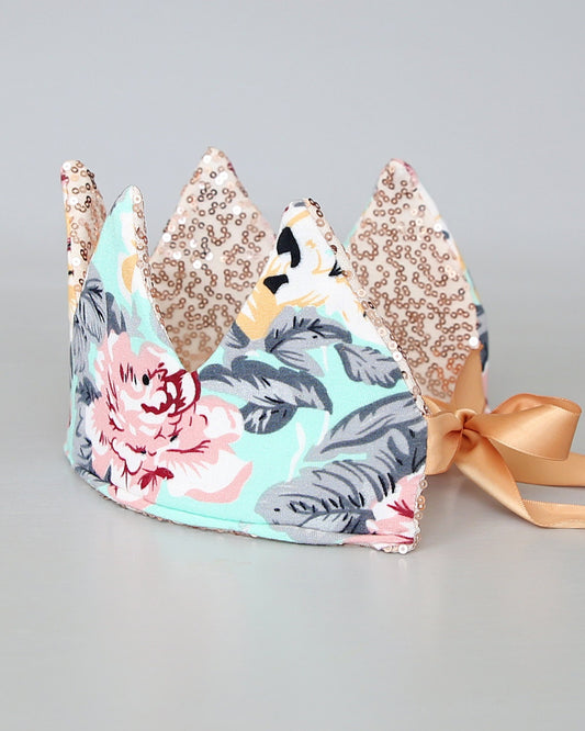 Dress Up Crown - Floral Crown - Sequin Crown - Birthday Crown - Rose Gold Sequin Crown Reverse Aqua and Roses - Fits all