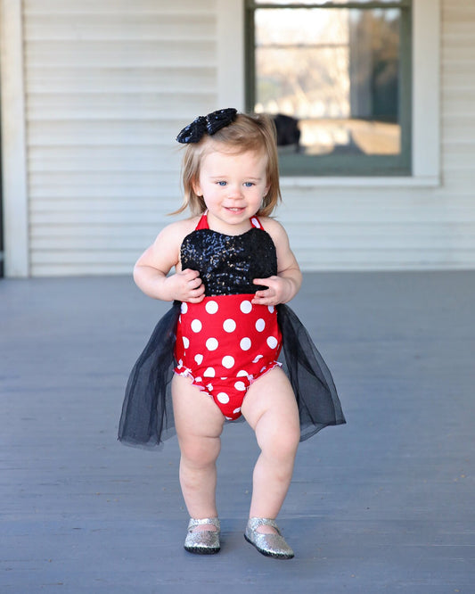 Red Polka Dot, Black Sequin Romper - Tulle skirted, Skirted, Sequin Top Romper - Sequin Romper - Birthday Romper - Photoshoot - Romper