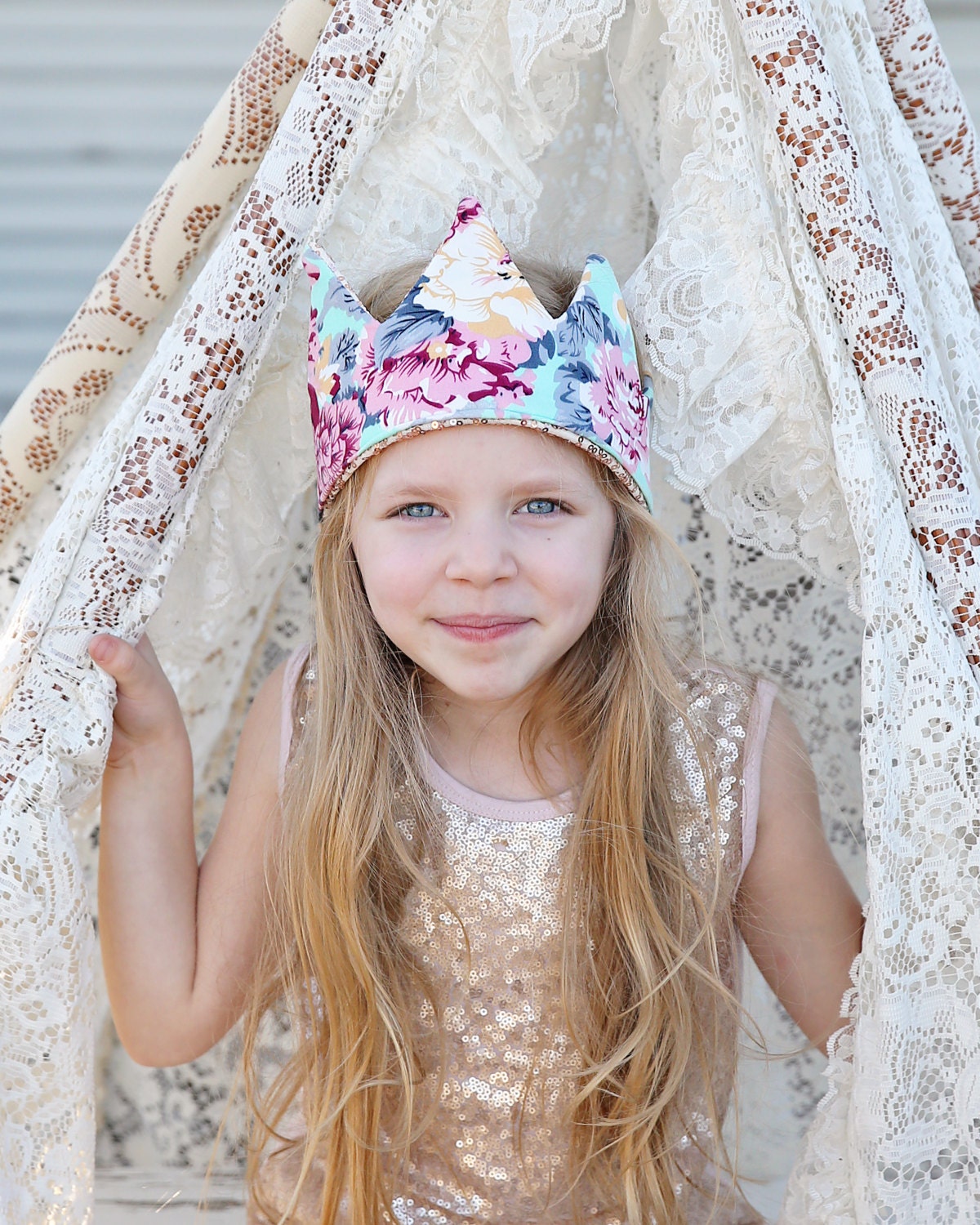 Dress Up Crown - Floral Crown - Sequin Crown - Birthday Crown - Rose Gold Sequin Crown Reverse Aqua and Roses - Fits all