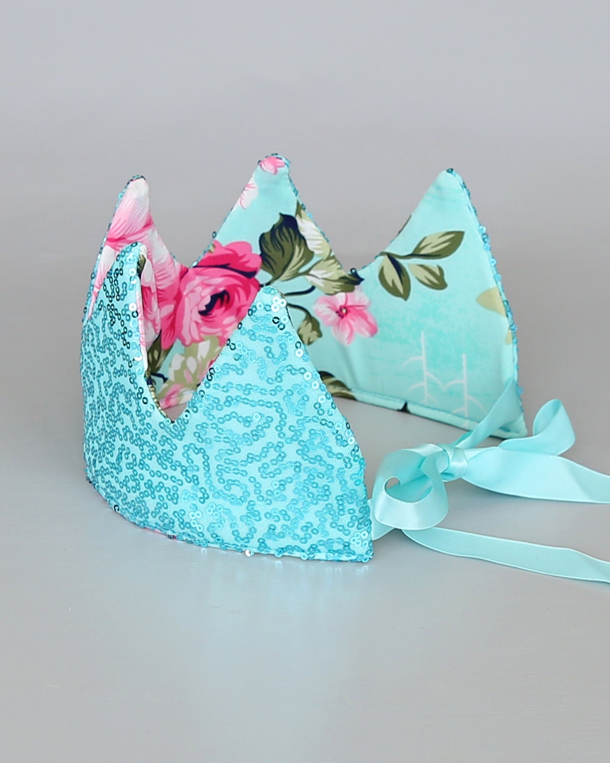 Dress Up Crown - Floral Crown - Sequin Crown - Birthday Crown - Aqua and Pink Roses Crown Reverse to Aqua Sequins - Fits all