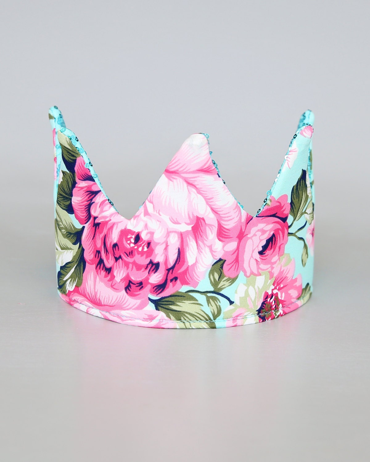 Dress Up Crown - Floral Crown - Sequin Crown - Birthday Crown - Aqua and Pink Roses Crown Reverse to Aqua Sequins - Fits all