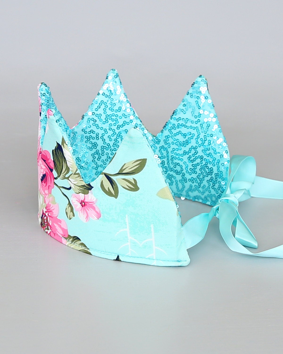 Dress Up Crown - Floral Crown - Sequin Crown - Birthday Crown - Aqua and Pink Roses Crown Reverse to Aqua Sequins - Fits all