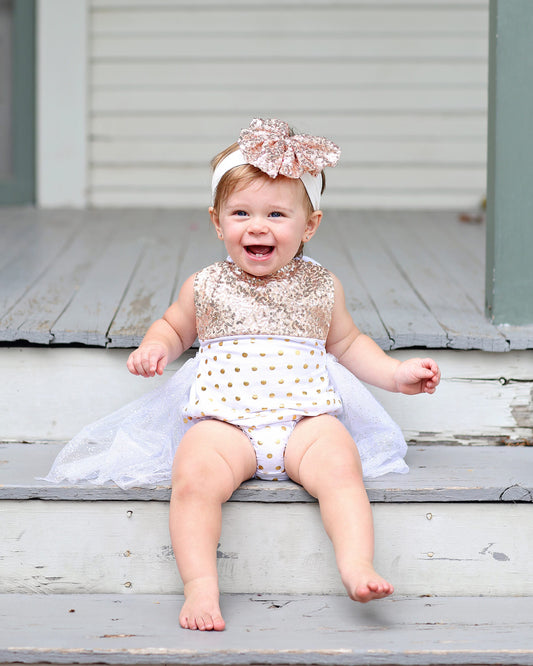 Romper - Tulle skirted, Skirted, Sequin Top Romper - Sequin Romper - Birthday Romper - Photoshoot - Rose Polka Dot Gold Sequin Romper