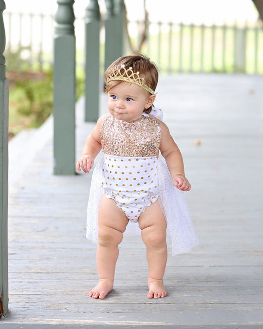 Romper - Tulle skirted, Skirted, Sequin Top Romper - Sequin Romper - Birthday Romper - Photoshoot - Rose Polka Dot Gold Sequin Romper