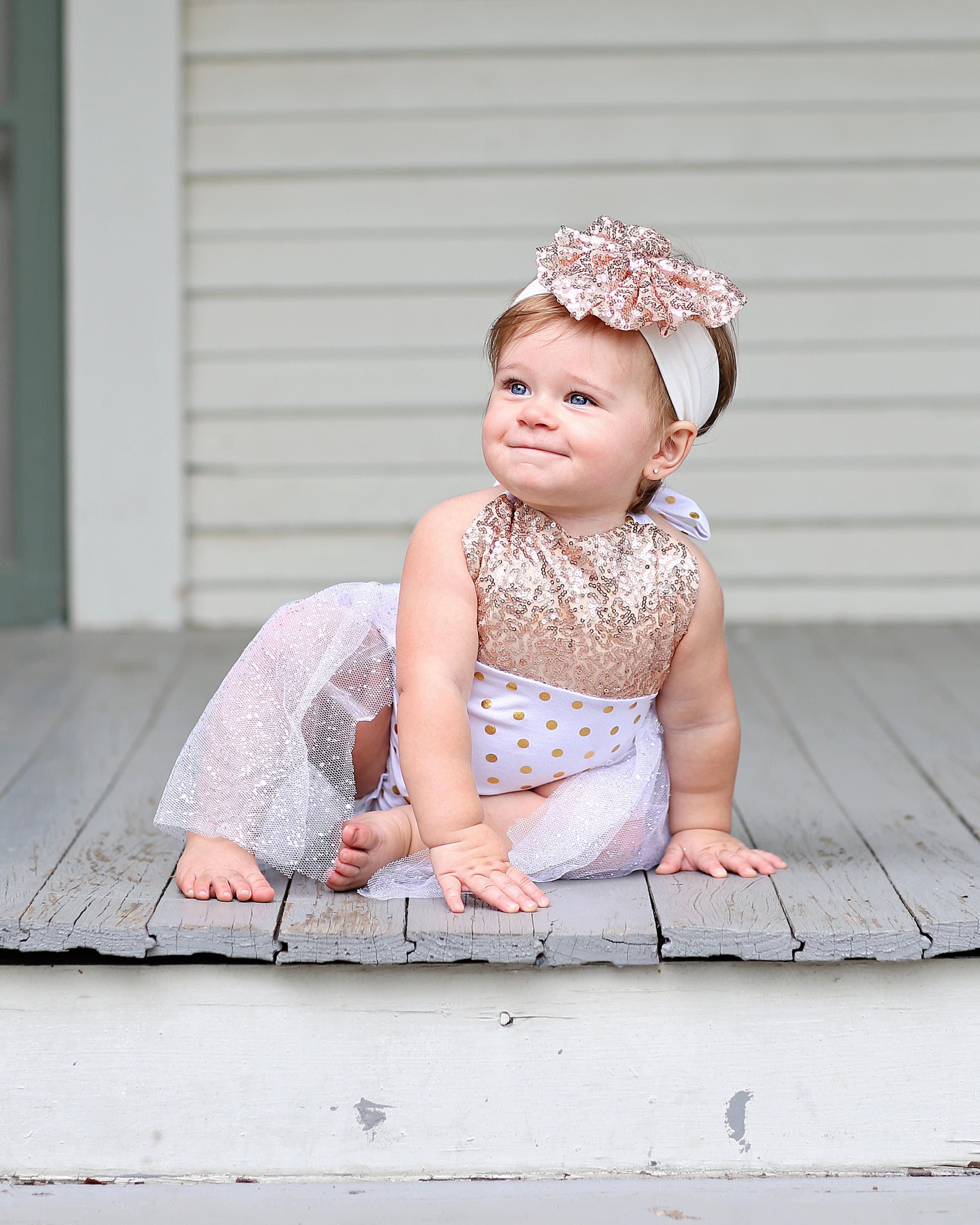 Romper - Tulle skirted, Skirted, Sequin Top Romper - Sequin Romper - Birthday Romper - Photoshoot - Rose Polka Dot Gold Sequin Romper