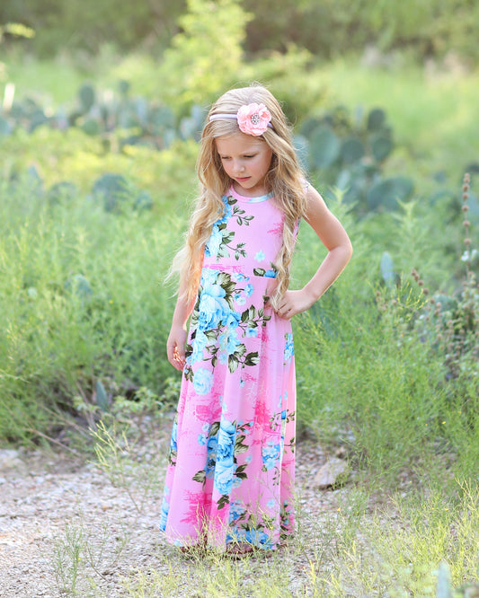 Girls Pink and Blue Flower Maxi Dress - Maxi Dress - Flower Maxi Dress - Girls Dress -Back to School Dress - Pink and Blue Maxi Dress, Roses