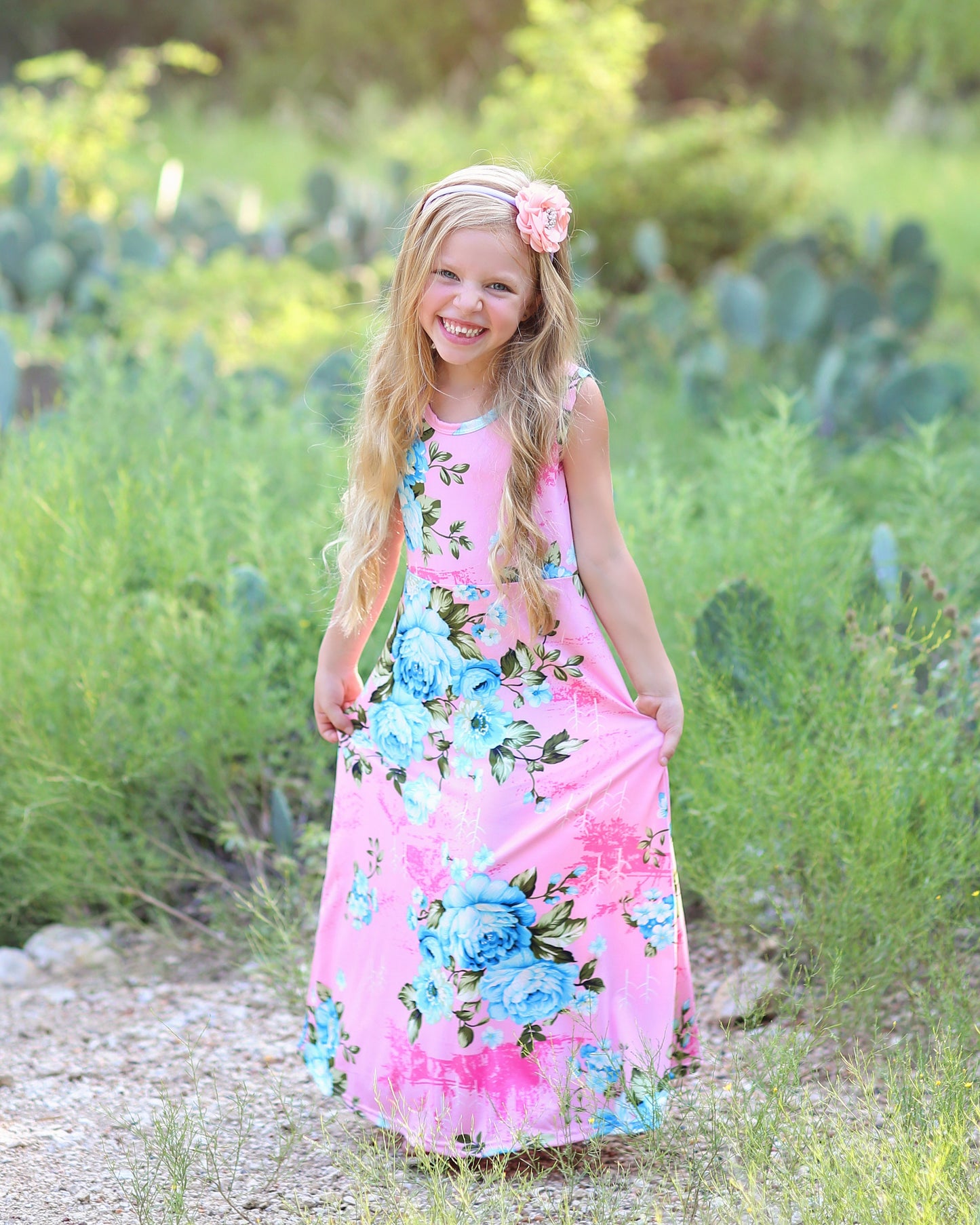 Girls Pink and Blue Flower Maxi Dress - Maxi Dress - Flower Maxi Dress - Girls Dress -Back to School Dress - Pink and Blue Maxi Dress, Roses