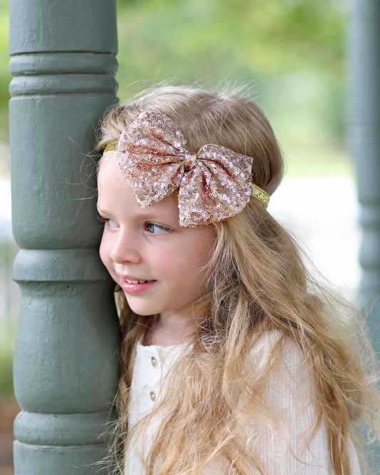 Rose Gold Bow Sequin Headband - Sequin Bow Headband- Rose Gold Sequin Bow, Blush Sequins, Sequin Headband, Birthday Headband, Dance Headband