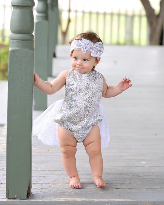 Silver Sequin Skirted Romper 0-6 months - Tulle skirt, romper - Sequin Romper, Birthday Romper - birthday, baby photo shoot, birthday outfit