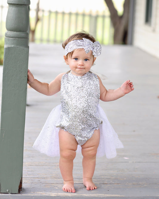 Silver Sequin Skirted Romper 0-6 months - Tulle skirt, romper - Sequin Romper, Birthday Romper - birthday, baby photo shoot, birthday outfit