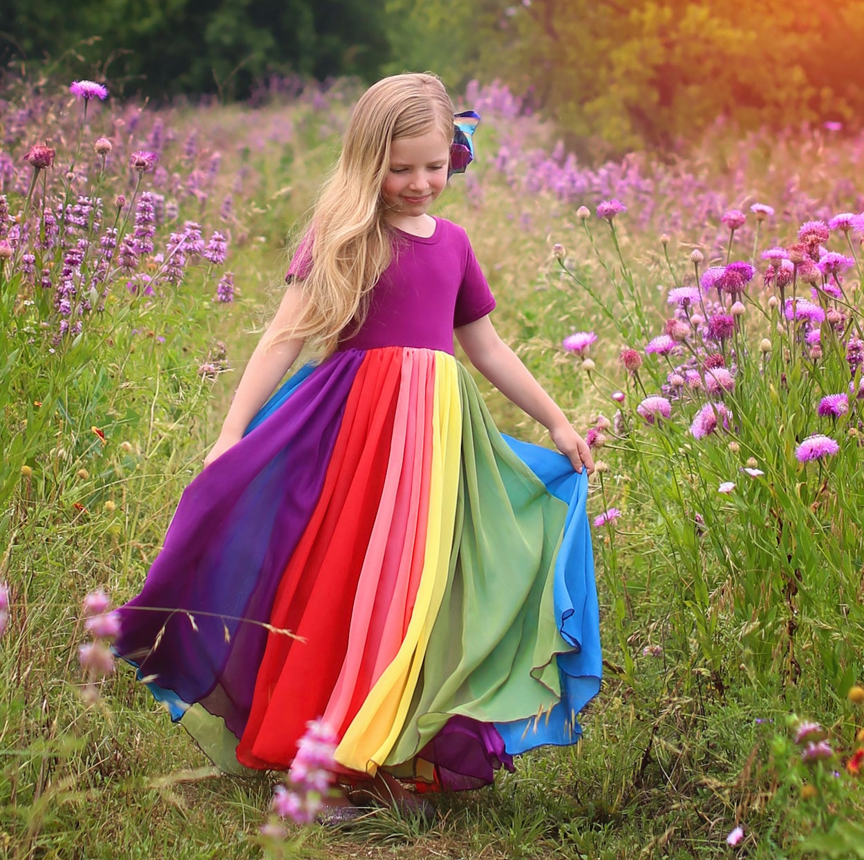 Rainbow Panel Full Skirt Dress - Long Pastel Dress - Rainbow Dress - Birthday Dress - Party Dress - Twirly Dress, Girls Birthday Gift, girls