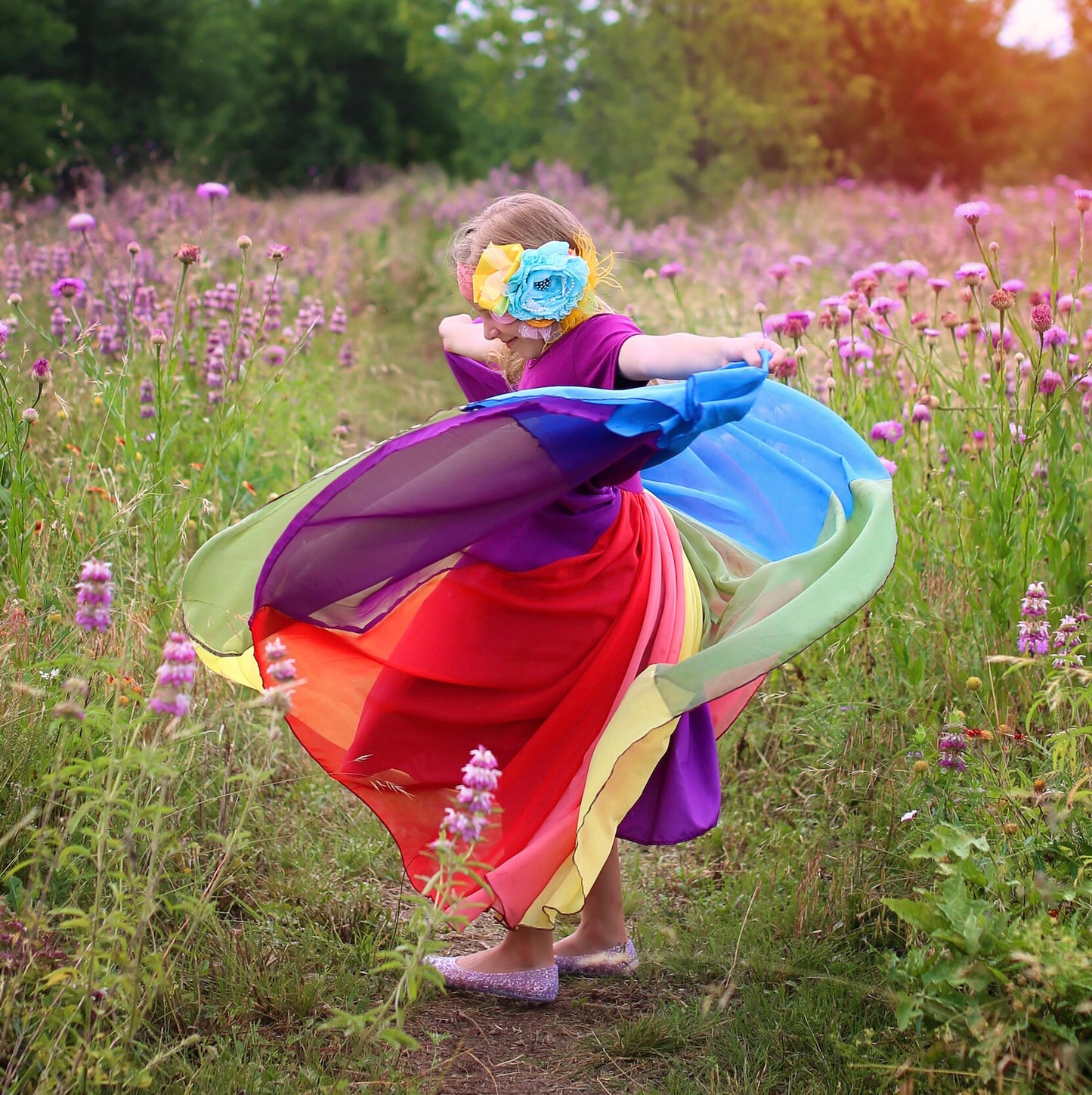 Rainbow Panel Full Skirt Dress - Long Pastel Dress - Rainbow Dress - Birthday Dress - Party Dress - Twirly Dress, Girls Birthday Gift, girls