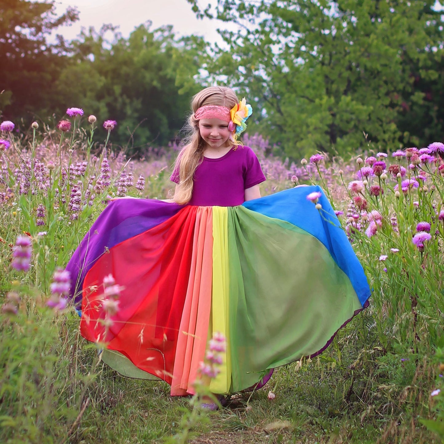 Rainbow Panel Full Skirt Dress - Long Pastel Dress - Rainbow Dress - Birthday Dress - Party Dress - Twirly Dress, Girls Birthday Gift, girls