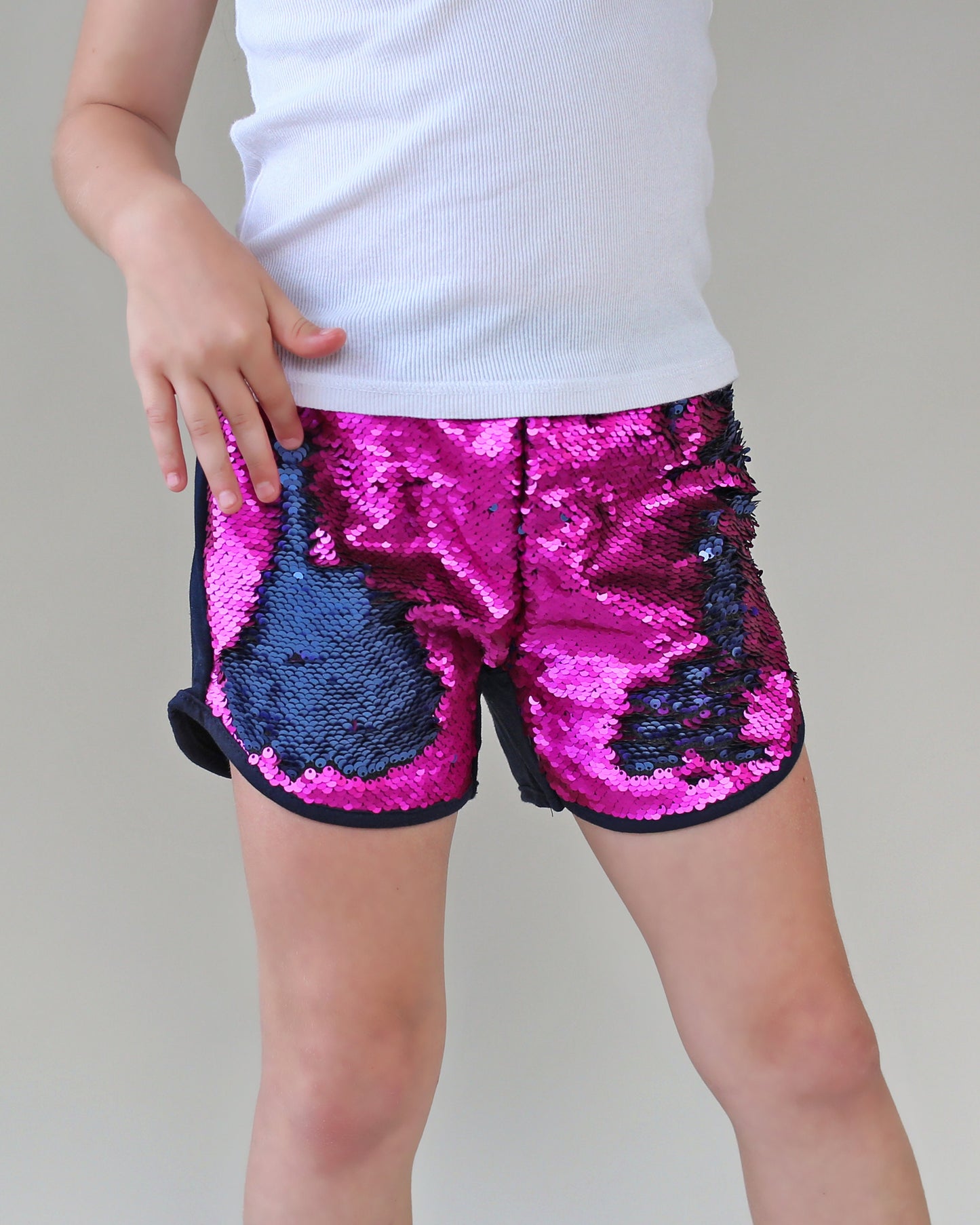 Flip Sequin Shorts in Navy and Hot Pink