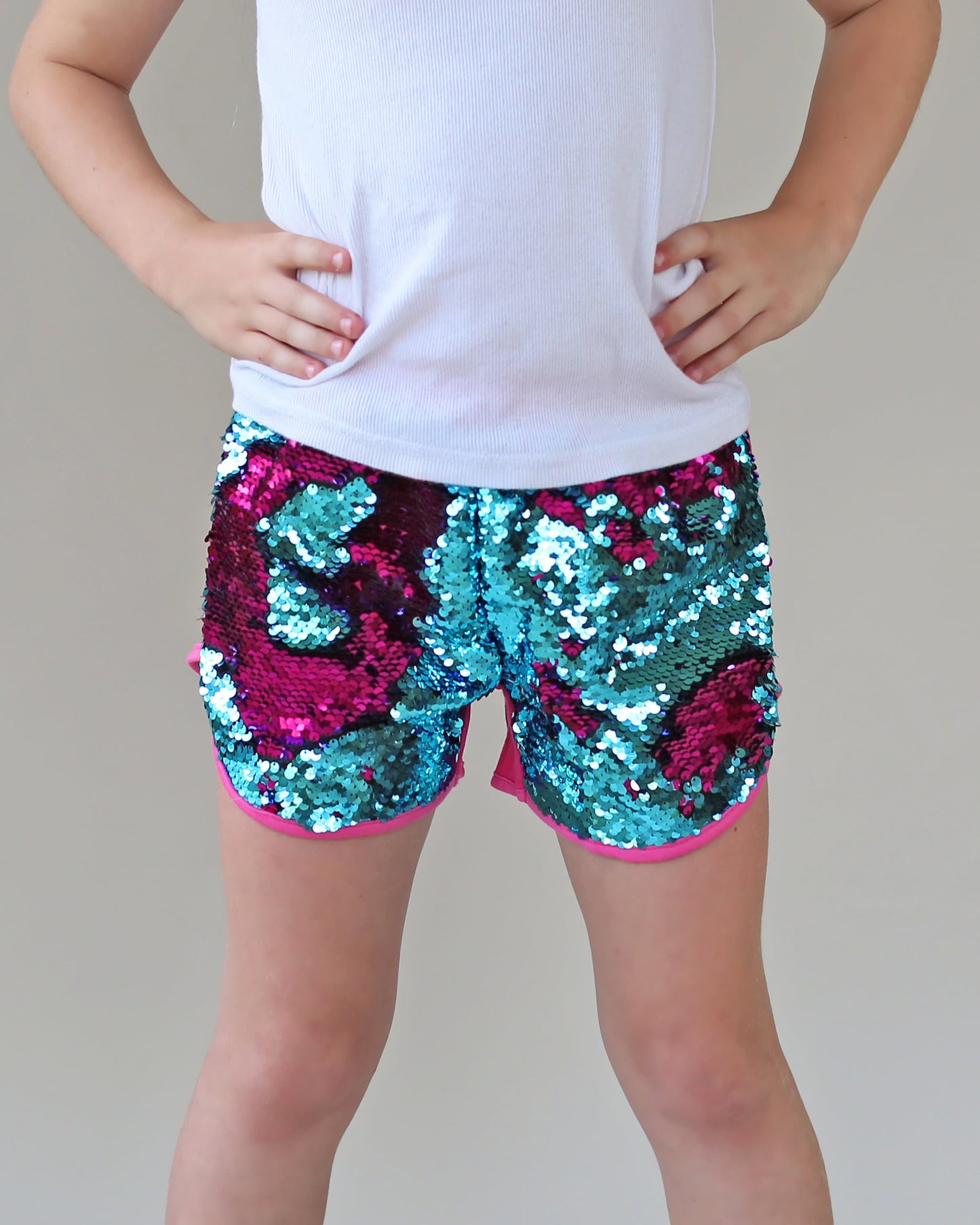 Flip Sequin Shorts in Turquoise and Hot Pink