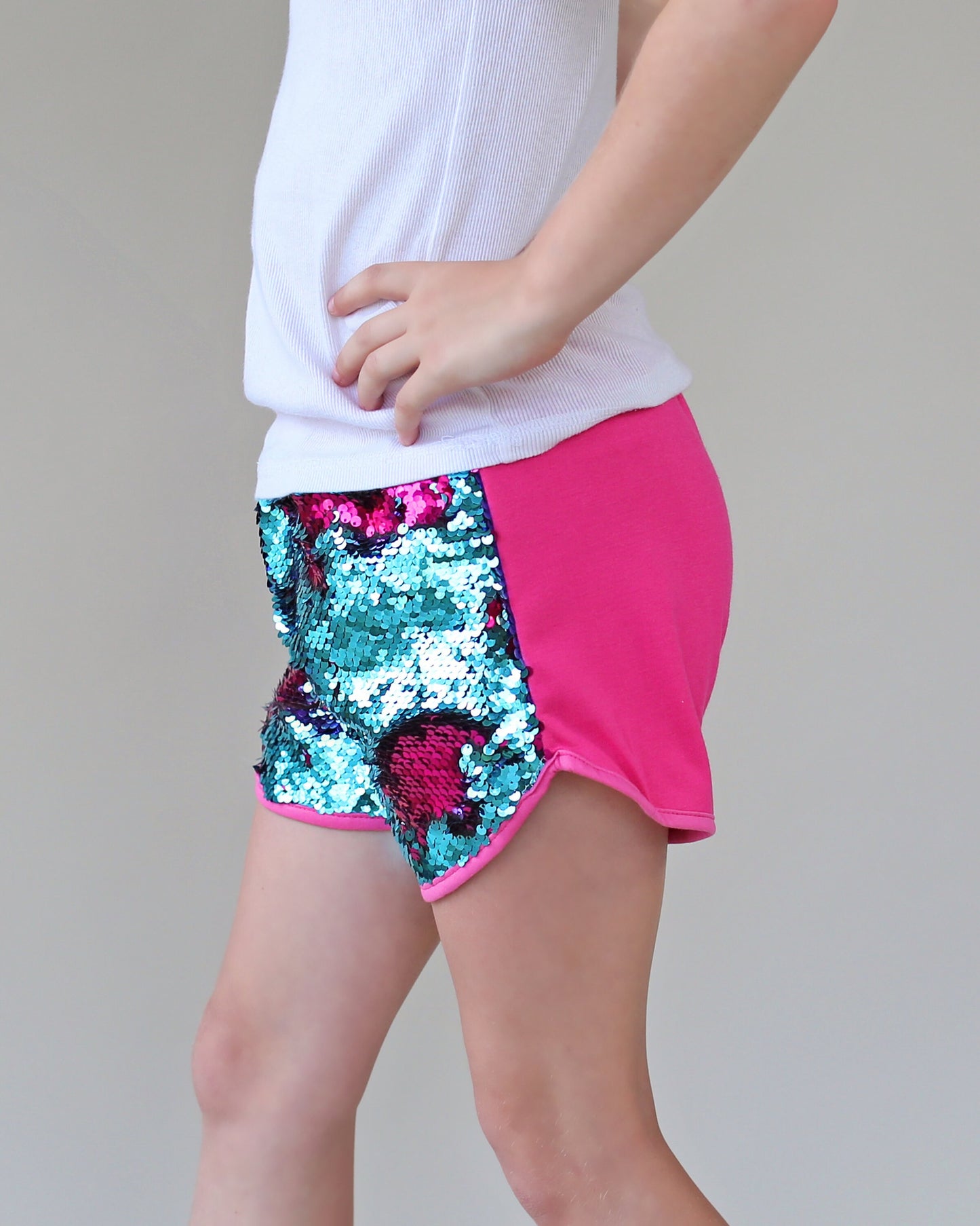 Flip Sequin Shorts in Turquoise and Hot Pink