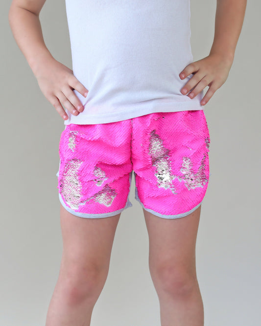 Flip Sequin Shorts in Neon Pink and Silver