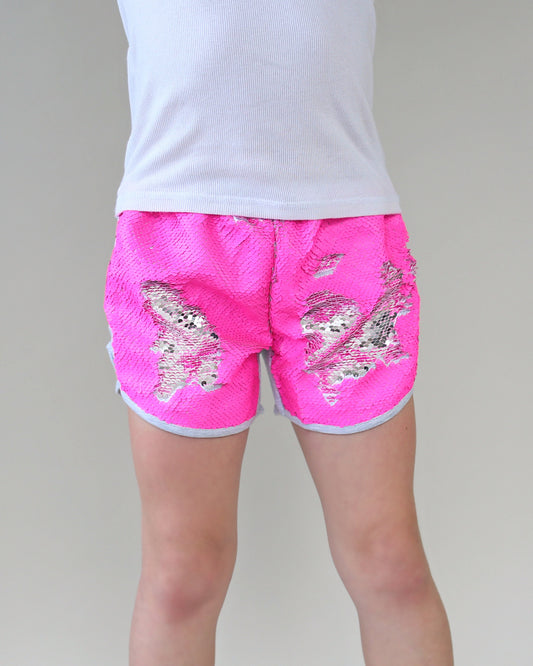 Flip Sequin Shorts in Neon Pink and Silver