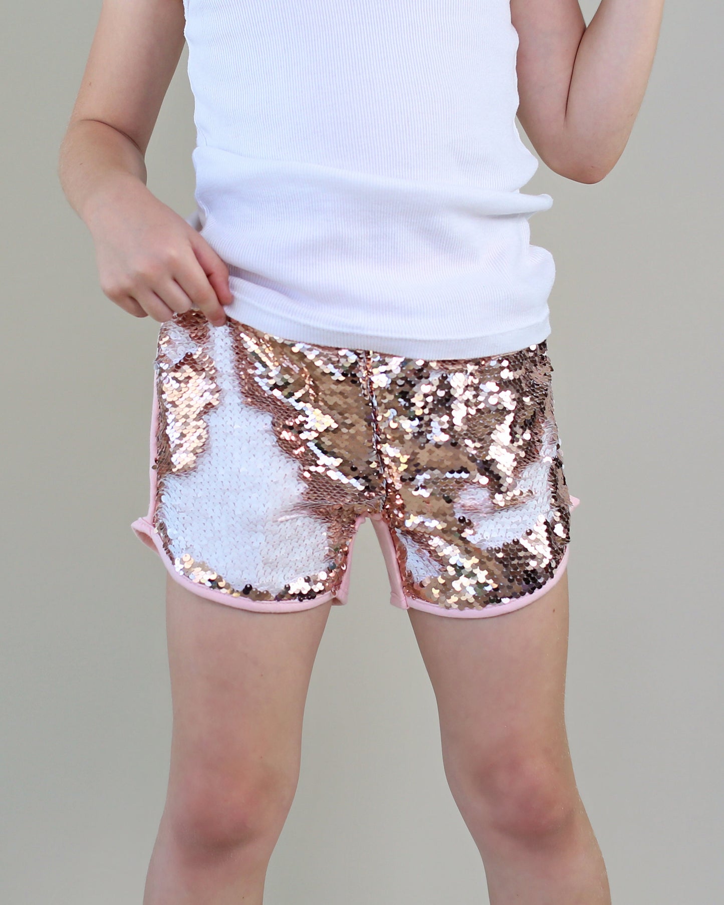 Flip Sequin Shorts in Rose Gold and White