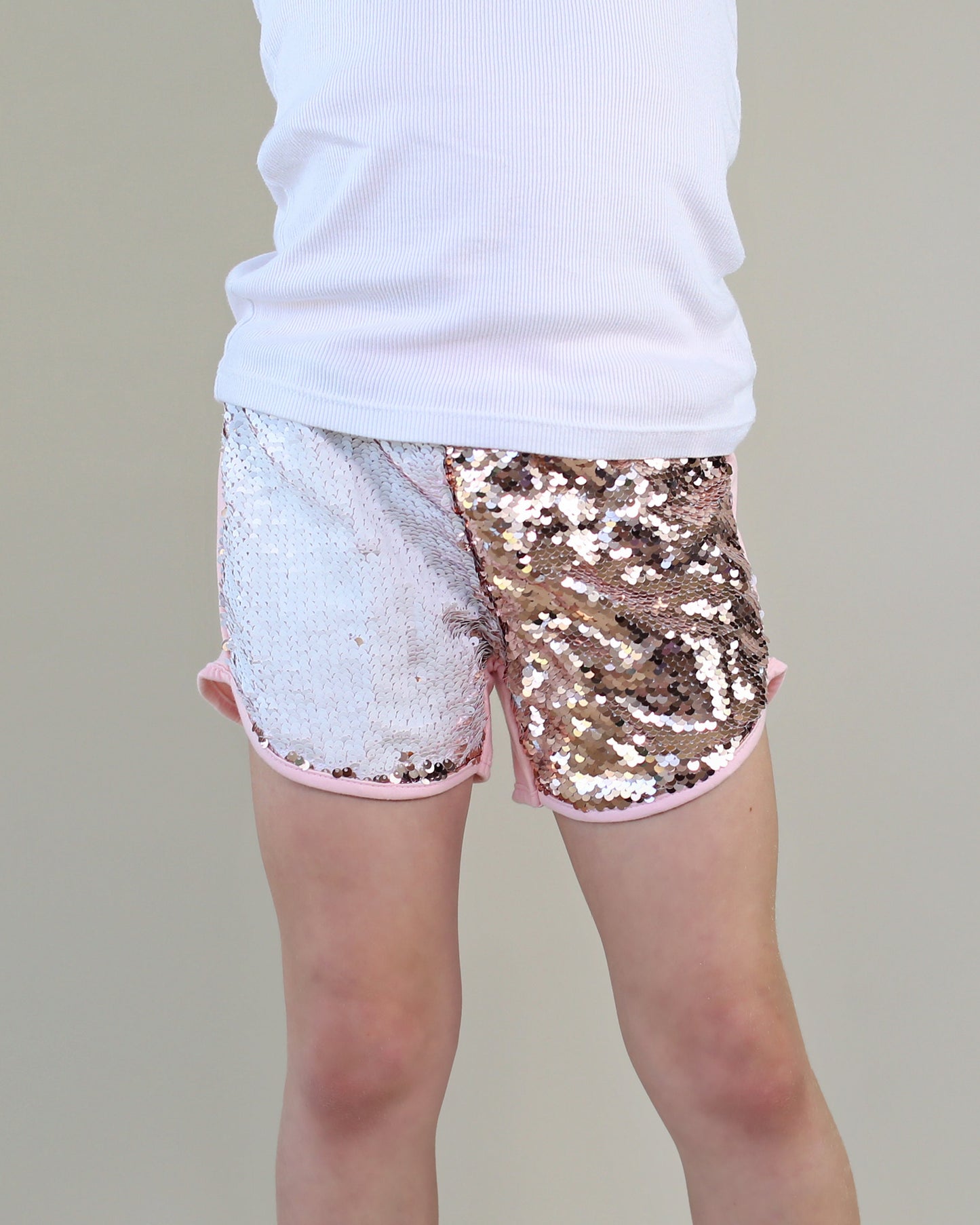 Flip Sequin Shorts in Rose Gold and White