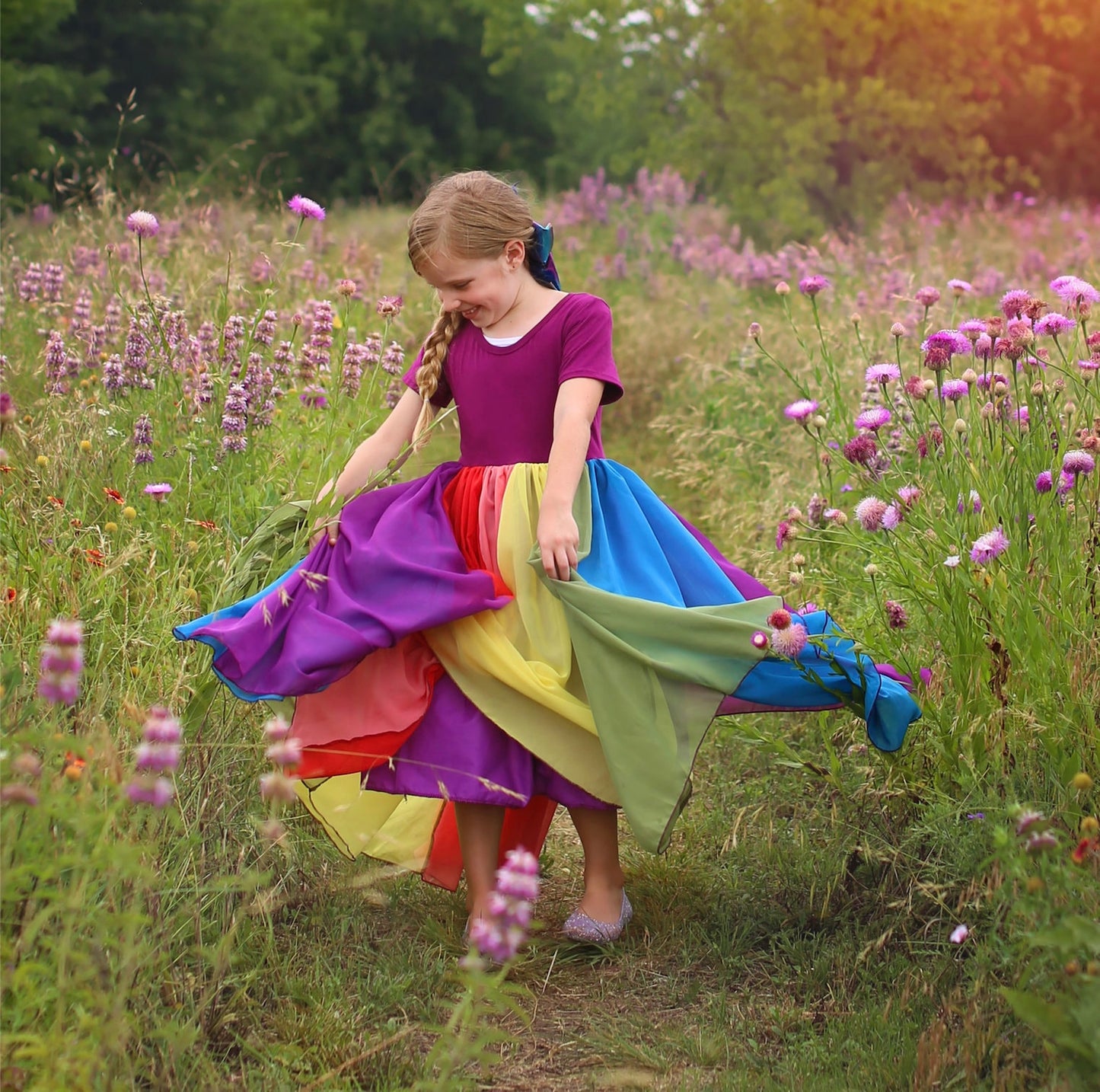 Rainbow Panel Full Skirt Dress - Long Pastel Dress - Rainbow Dress - Birthday Dress - Party Dress - Twirly Dress, Girls Birthday Gift, girls