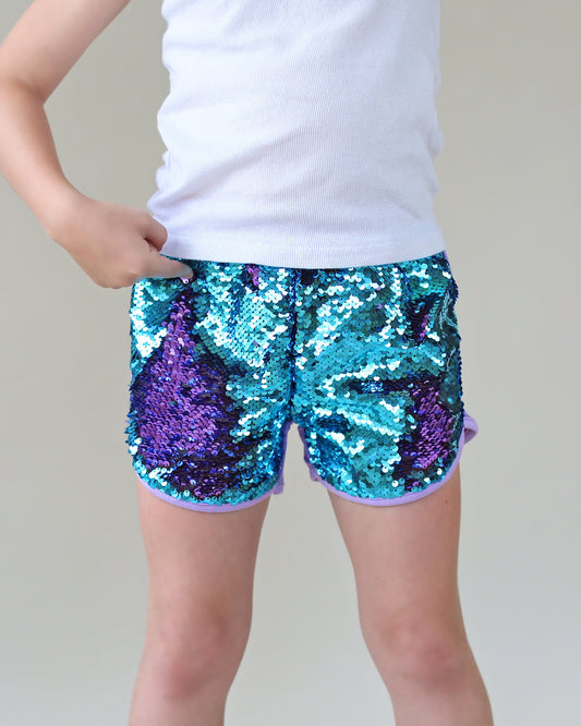 Flip Sequin Shorts in Turquoise and Purple