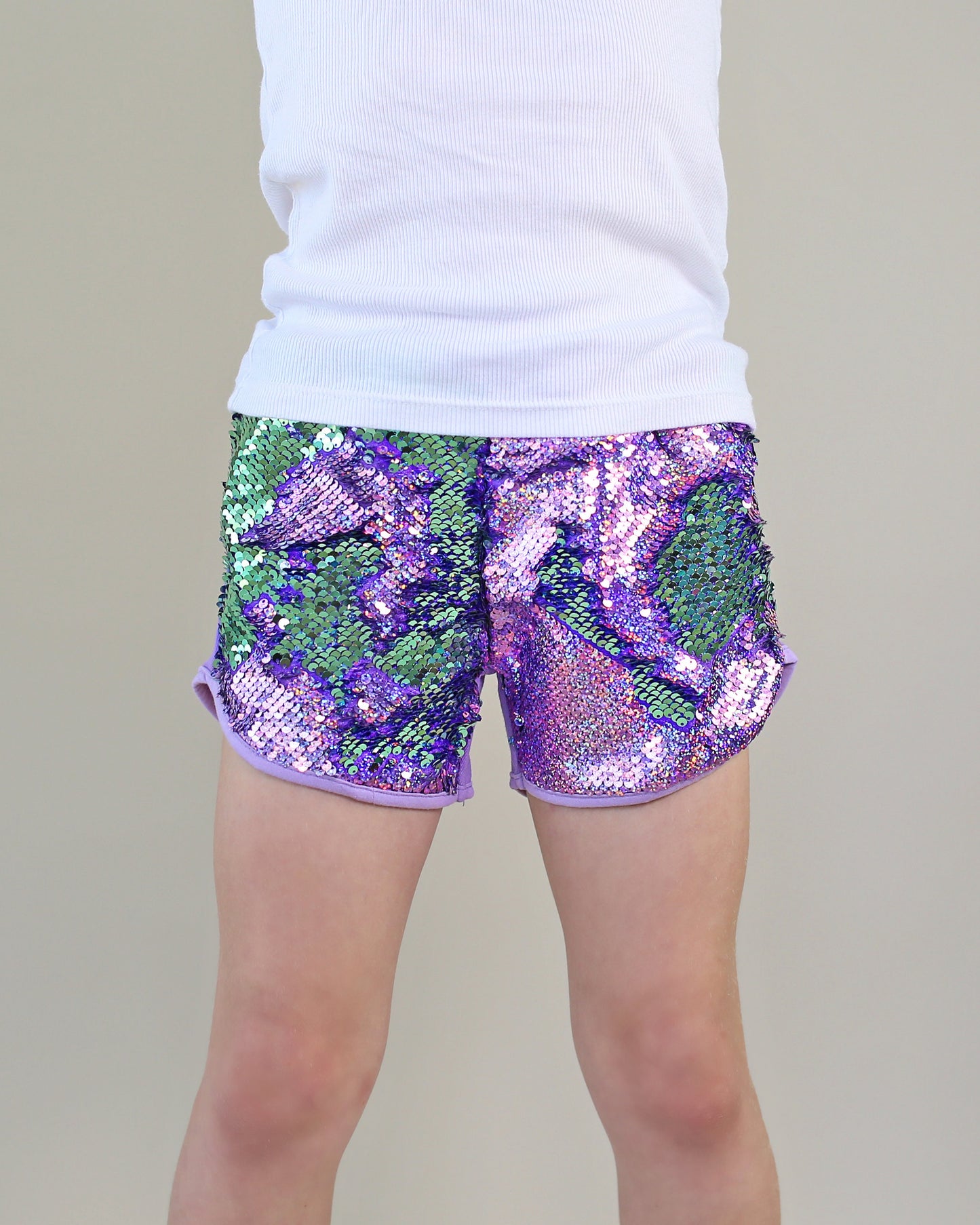 Flip Sequin Shorts in Mint and Lavender