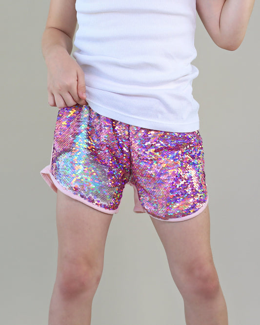 Flip Sequin Shorts in Holographic Pink