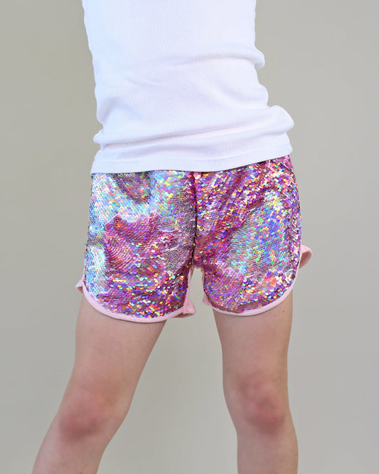 Flip Sequin Shorts in Holographic Pink