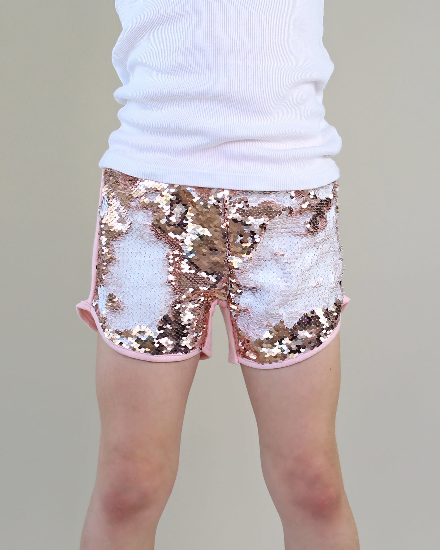 Flip Sequin Shorts in Rose Gold and White