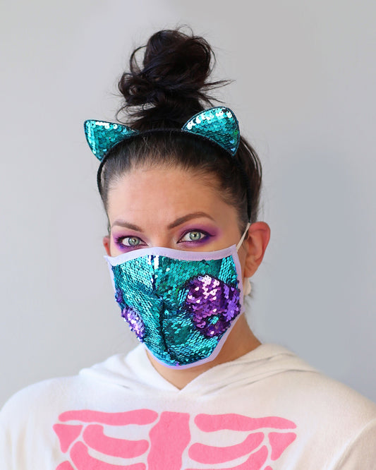 Sequin Face Mask - Pocket Filter Face Mask - Dust Face Mask - Glam Face Mask -Reversible Lavender and Aqua Sequin Mask - ADULT