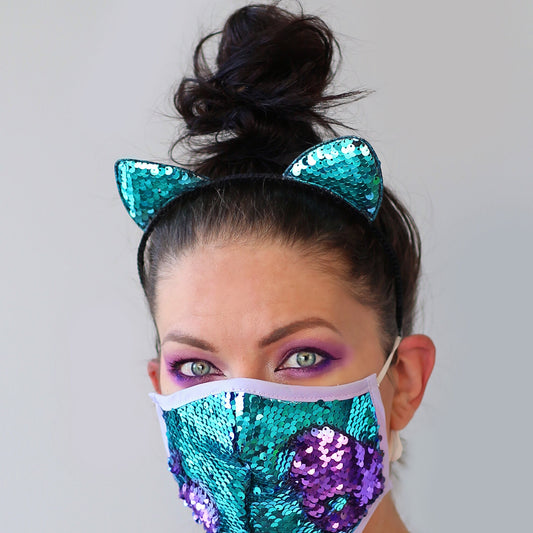Cat Ear Sequin Headband - Sequin Cat Headband - Aqua and Purple Cat Headband - Turquoise and Purple Reversible Sequins - Sequin Headband