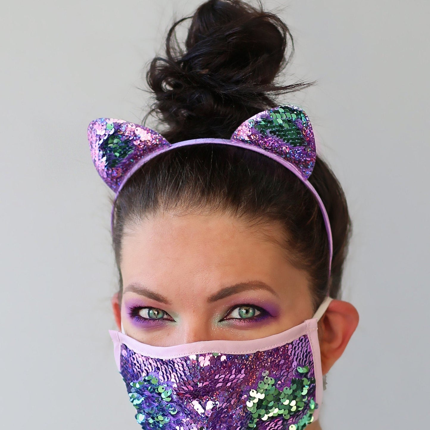 Cat Ear Sequin Headband - Sequin Cat Headband -Mint and Purple Cat Headband - Turquoise and Purple Reversible Sequins - Sequin Headband